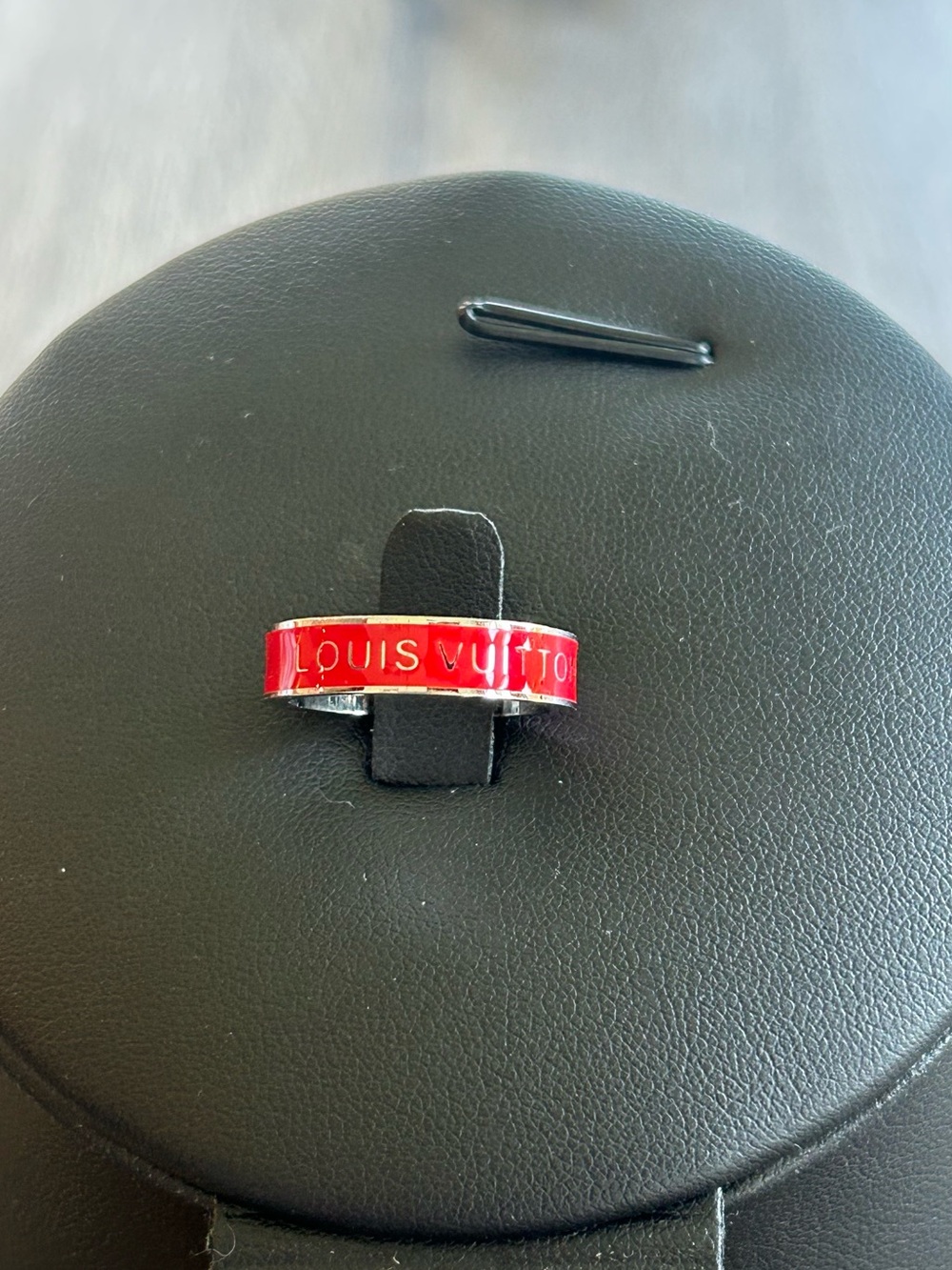Silver Tone Enamel Logo Band Ring